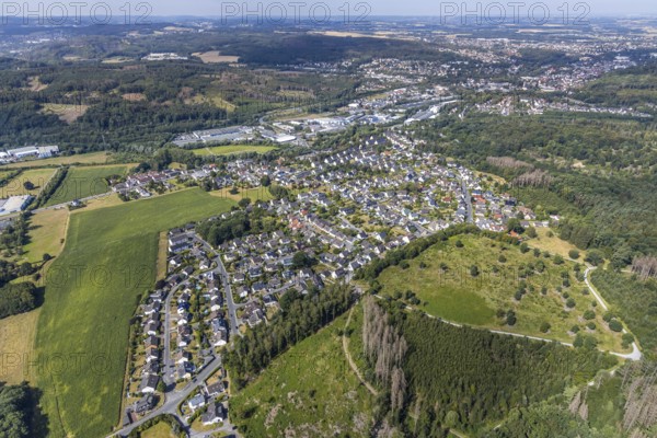Aerial view, local view, residential area Menderner Straße, commercial area Dieselweg, Menden, Sauerland, Märkischer Kreis, North Rhine-Westphalia, Germany, Am Limberg, DE, Europe, distant view, commercial enterprises, commercial area, commercial area, commercial location, commercial use, property tax, real estate, industrial area, industrial site, aerial view, aerial photography, aerial photography, overview, bird's-eye view, forest area, residential area, living and living, residential area, residential buildings, residential quality, residential neighbourhood, housing estate, birds-eyes view, cleared forest areas, overview
