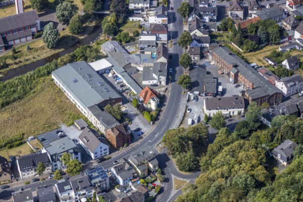 Aerial view, commercial area Balver Straße, Menden, Sauerland, Märkischer Kreis, North Rhine-Westphalia, Germany, DE, Europe, river Hönne, commercial enterprises, commercial area, commercial area, commercial location, commercial use, industrial area, industrial location, aerial view, aerial photography, aerial photography, overview, bird's-eye view, overview