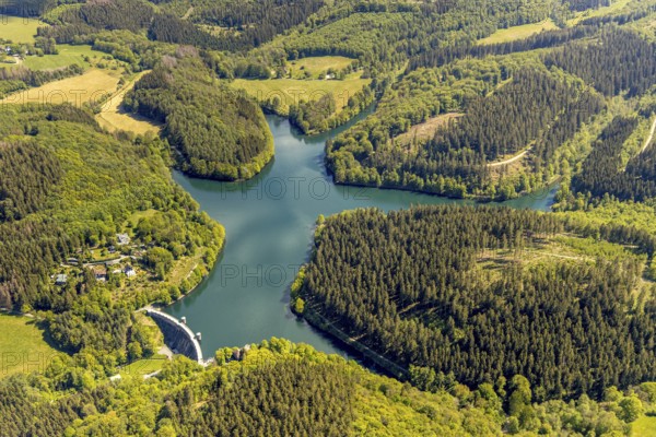 Aerial view, Fürwiggetalsperre, Meinerzhagen, Märkischer Kreis, Sauerland, North Rhine-Westphalia, Germany, DE, Europe, hilly landscape, aerial view, aerial photography, aerial photography, lake, sight, dam wall, dam, overview, bird's-eye view, forest area, meadows and fields, birds-eyes view, overview