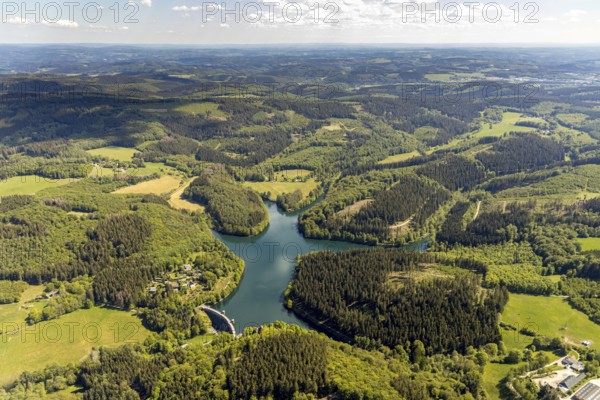 Aerial view, Fürwiggetalsperre, Meinerzhagen, Märkischer Kreis, Sauerland, North Rhine-Westphalia, Germany, DE, Europe, hilly landscape, aerial view, aerial photography, aerial photography, lake, sight, dam wall, dam, overview, bird's-eye view, forest area, meadows and fields, birds-eyes view, overview