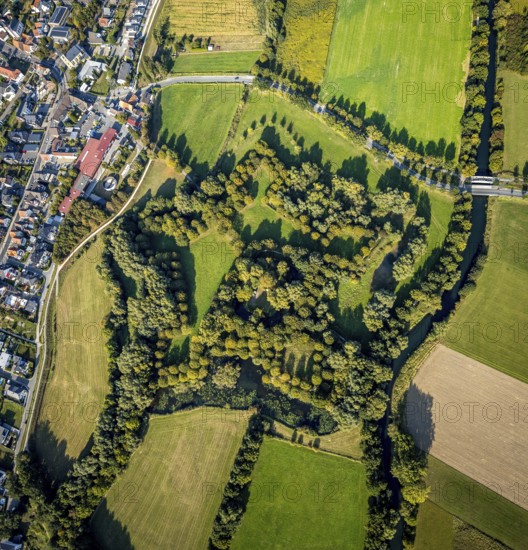 Aerial view, Lipperode Castle, in the forest, Lipperode, Lippstadt, Soest district, North Rhine-Westphalia, Germany, castle, castle remains of a moated castle, castle ruins, DE, Europe, Kreis-Soest-Buch, KreisSoestBuch, aerial photograph, aerial photography, aerial photography, park, park area, overview, bird's eye view, forest area, Zum Amt, birds-eyes view, overview