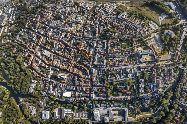 Aerial view, Old Town overview, Evangelical Great St Mary's Church, Rathausstraße, Jakobikirche, Lange Straße, River Lippe, Lippstadt, Soest district, North Rhine-Westphalia, Germany, Old Town view, Old Town ring road, Place of worship, Education, Educational institution, Cappeltor, City, DE, Damenstift Lippstadt, Monument protection, Dreifaltigkeits-Hospital gem. GmbH Lippstadt, Europe, Europaschule Ostendorf-Gymnasium, healthcare, religious community, place of worship, property tax, green trees, grammar school, holy site, hospital, Im Stift, real estate, city centre, canoe route Burgstraße, church, parish, Kleine Marienkirche, clinic, clinic centre, denomination, hospital, Kreis-Soest-Buch, KreisSoestBuch, culture, art, educational institute, aerial view, aerial photography, aerial photography, medical facility, medical aid, emergency service, town hall, town hall square, religion, religious site, ruin, play, school, city view, Lippstadt municipal theatre, town centre, St. Marien, Ab...