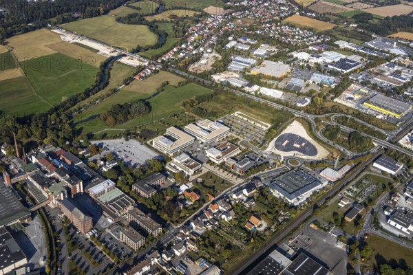 Aerial view, Campus Lippstadt, Hamm-Lippstadt University of Applied Sciences, Am Mondschein industrial estate, Lippstadt, Soest district, North Rhine-Westphalia, Germany, education, educational institution, educational institute, DE, Dr.-Arnold-Hueck-Straße, Europe, research institute, commercial enterprises, commercial area, commercial area, commercial park, commercial location, commercial use, Himmelreich, university, industrial area, industrial building, industrial location, Kreis-Soest-Buch, KreisSoestBuch, educational institute, aerial view, aerial photography, aerial photography, overview, bird's-eye view, overview