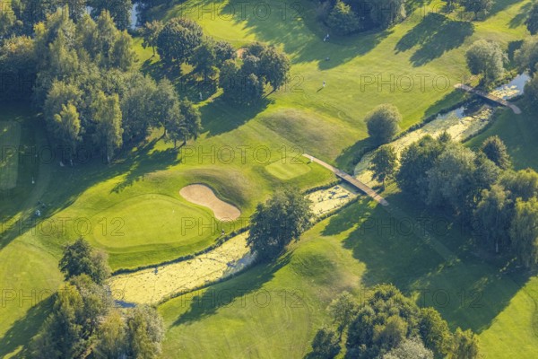 Aerial view, golf course, GolfClub Lippstadt, Lippstadt, Kreis Soest, North Rhine-Westphalia, Germany, DE, Europe, shapes and colours, golf, golf course, golf club, Kreis-Soest-Buch, KreisSoestBuch, aerial photograph, aerial photography, aerial photography, sports, overview, bird's-eye view, forest area, Wiesenhausweg, birds-eyes view, overview