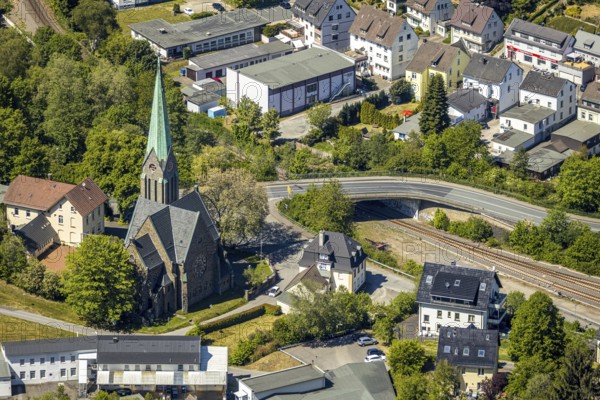 Aerial view, Church of the Holy Cross Brügge, Lüdenscheid, Märkischer Kreis, Sauerland, North Rhine-Westphalia, Germany, place of worship, DE, Europe, religious community, place of worship, church, parish, denomination, aerial photography, aerial photography, aerial photography, religion, overview, bird's-eye view, overview