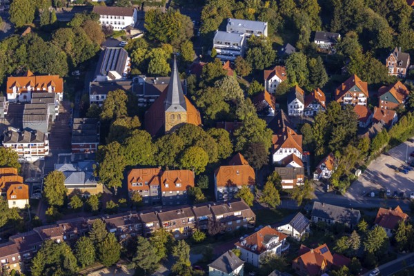 Aerial view, St. Andrew's Lutheran Church, Lübbecke, East Westphalia-Lippe, OWL, North Rhine-Westphalia, Germany, place of worship, DE, Europe, religious community, place of worship, sacred site, church, parish, churchyard, denomination, aerial photograph, aerial photography, aerial photography, OWL book, OWL book, East Westphalia, religion, religious site, overview, bird's-eye view, birds-eyes view, overview