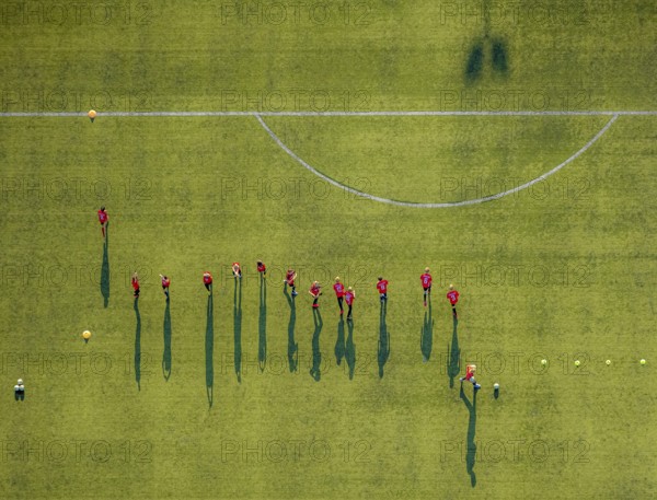 Aerial view, sports facility, SV Lippstadt 08 stadium, Liebelt-Arena, football players training, Lippstadt, Soest district, North Rhine-Westphalia, Germany, distance rule, arena, corona measures, corona virus, DE, Europe, shapes and colours, football field, football pitch, football stadium, football club, hygiene measures, Kreis-Soest-Buch, KreisSoestBuch, aerial view, aerial photography, aerial photography, shadow casting, sports, sports facilities, sports field, sports facility, stadium, Stadion Am Bruchbaum, overview, bird's-eye view, Wiedenbrücker Straße, birds-eyes view, overview