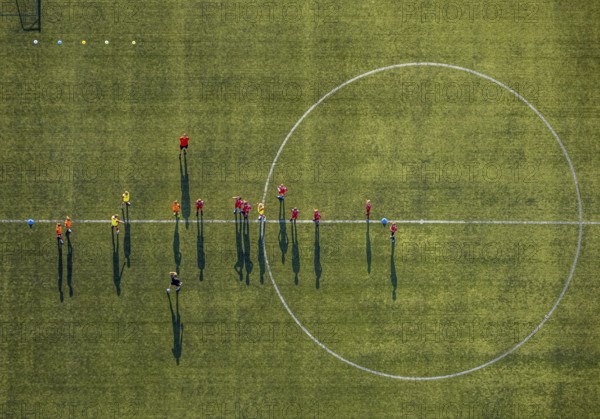 Aerial view, sports facility, SV Lippstadt 08 stadium, Liebelt-Arena, football players training, Lippstadt, Soest district, North Rhine-Westphalia, Germany, distance rule, arena, corona measures, corona virus, DE, Europe, shapes and colours, football field, football pitch, football stadium, football club, hygiene measures, Kreis-Soest-Buch, KreisSoestBuch, aerial view, aerial photography, aerial photography, shadow casting, sports, sports facilities, sports field, sports facility, stadium, Stadion Am Bruchbaum, overview, bird's-eye view, Wiedenbrücker Straße, birds-eyes view, overview