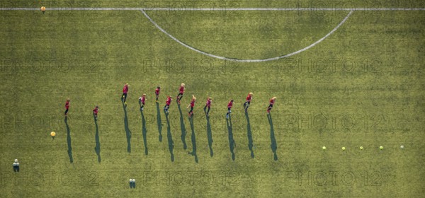 Aerial view, sports facility, SV Lippstadt 08 stadium, Liebelt-Arena, football players training, Lippstadt, Soest district, North Rhine-Westphalia, Germany, distance rule, arena, corona measures, corona virus, DE, Europe, shapes and colours, football field, football pitch, football stadium, football club, hygiene measures, Kreis-Soest-Buch, KreisSoestBuch, aerial view, aerial photography, aerial photography, shadow casting, sports, sports facilities, sports field, sports facility, stadium, Stadion Am Bruchbaum, overview, bird's-eye view, Wiedenbrücker Straße, birds-eyes view, overview