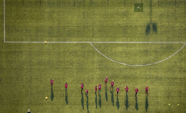 Aerial view, sports facility, SV Lippstadt 08 stadium, Liebelt-Arena, football players training, Lippstadt, Soest district, North Rhine-Westphalia, Germany, distance rule, arena, corona measures, corona virus, DE, Europe, shapes and colours, football field, football pitch, football stadium, football club, hygiene measures, Kreis-Soest-Buch, KreisSoestBuch, aerial view, aerial photography, aerial photography, shadow casting, sports, sports facilities, sports field, sports facility, stadium, Stadion Am Bruchbaum, overview, bird's-eye view, Wiedenbrücker Straße, birds-eyes view, overview