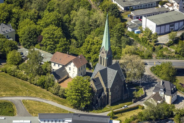 Aerial view, Church of the Holy Cross Brügge, Lüdenscheid, Märkischer Kreis, Sauerland, North Rhine-Westphalia, Germany, place of worship, DE, Europe, religious community, place of worship, church, parish, denomination, aerial photography, aerial photography, aerial photography, religion, overview, bird's-eye view, overview