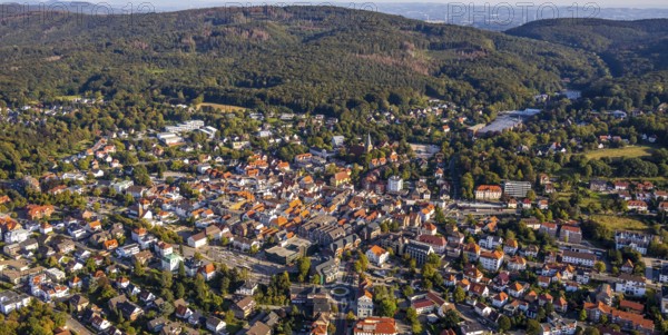 Aerial view, Wiehengebirge, local view, evang.luth. St. Andreas-Kirche, Lübbecke, Ostwestfalen-Lippe, OWL, North Rhine-Westphalia, Germany, place of worship, education, educational institution, DE, Europe, religious community, place of worship, property tax, grammar school, holy place, real estate, church, church community, denomination, educational institute, aerial photograph, aerial photography, aerial photography, OWL-Buch, OWL-Buch, East Westphalia, Privatbrauerei Ernst Barre GmbH, religion, religious site, school, Städt. Wittekind Gymnasium, overview, bird's-eye view, housing estate, housing and living, residential area, residential buildings, residential quality, residential neighbourhood, housing estate, birds-eyes view, overview, red roofs