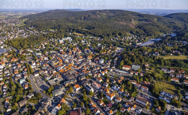 Aerial view, Wiehengebirge, local view, evang.luth. St. Andreas-Kirche, Lübbecke, Ostwestfalen-Lippe, OWL, North Rhine-Westphalia, Germany, place of worship, education, educational institution, DE, Europe, religious community, place of worship, property tax, grammar school, holy place, real estate, church, church community, denomination, educational institute, aerial photograph, aerial photography, aerial photography, OWL-Buch, OWL-Buch, East Westphalia, Privatbrauerei Ernst Barre GmbH, religion, religious site, school, Städt. Wittekind Gymnasium, overview, bird's-eye view, housing estate, housing and living, residential area, residential buildings, residential quality, residential neighbourhood, housing estate, birds-eyes view, overview, red roofs