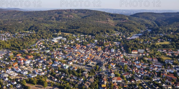 Aerial view, Wiehengebirge, local view, evang.luth. St. Andreas-Kirche, Lübbecke, Ostwestfalen-Lippe, OWL, North Rhine-Westphalia, Germany, place of worship, education, educational institution, DE, Europe, religious community, place of worship, property tax, grammar school, holy place, real estate, church, church community, denomination, educational institute, aerial photograph, aerial photography, aerial photography, OWL-Buch, OWL-Buch, East Westphalia, Privatbrauerei Ernst Barre GmbH, religion, religious site, school, Städt. Wittekind Gymnasium, overview, bird's-eye view, housing estate, housing and living, residential area, residential buildings, residential quality, residential neighbourhood, housing estate, birds-eyes view, overview, red roofs