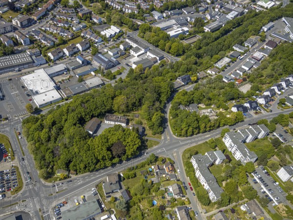 Aerial view, burnt down, destroyed OBDACHLOSENASY, former company building Autoreifen und Autoteile Wilms e.K, Lüdenscheid, Märkischer Kreis, Sauerland, North Rhine-Westphalia, Germany, demolition, DE, Europe, Leifringhauser Straße, aerial photograph, aerial photography, aerial photography, overview, bird's-eye view, bird's-eye view, overview, destroyed building