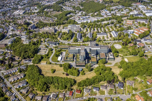 Aerial view, Klinikum Lüdenscheid - Märkische Kliniken GmbH, Lüdenscheid, Märkischer Kreis, Sauerland, North Rhine-Westphalia, Germany, DE, Europe, healthcare, hospital, helipad, clinic, hospital, aerial photography, aerial photography, medical facility, medical assistance, emergency service, overview, bird's-eye view, overview, medical care