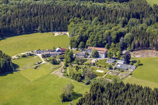 Aerial view, Fachklinik Spielwigge GmbH, Lüdenscheid, Märkischer Kreis, Sauerland, North Rhine-Westphalia, Germany, DE, Europe, health care, clinic, hospital, aerial view, aerial photography, aerial photography, medical facility, medical aid, rehabilitation clinic, addictive diseases, overview, bird's eye view, forest area, birds-eyes view, overview, medical care