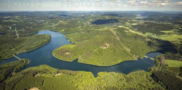 Aerial view, Verse dam, Klamer bridge, dam wall, forest area, Lüdenscheid, Märkischer Kreis, Sauerland, North Rhine-Westphalia, Germany, mountains and valleys, DE, Europe, distant view, hilly landscape, aerial view, aerial photography, aerial photography, dam, overview, verse, bird's-eye view, wind turbines, birds-eyes view, green lung, overview