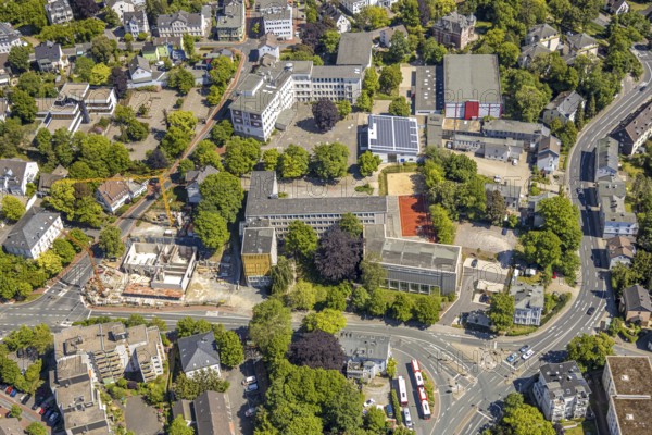Aerial view, construction site of the new music school Lüdenscheid, Zeppelin-Gymnasium, Geschwister-Scholl-Gymnasium, Lüdenscheid, Märkischer Kreis, Sauerland, North Rhine-Westphalia, Germany, education, educational institution, DE, Europe, grammar school, teaching institute, aerial view, aerial photography, aerial photography, music school, school, Staberger Straße, overview, bird's-eye view, bird's-eye view, overview