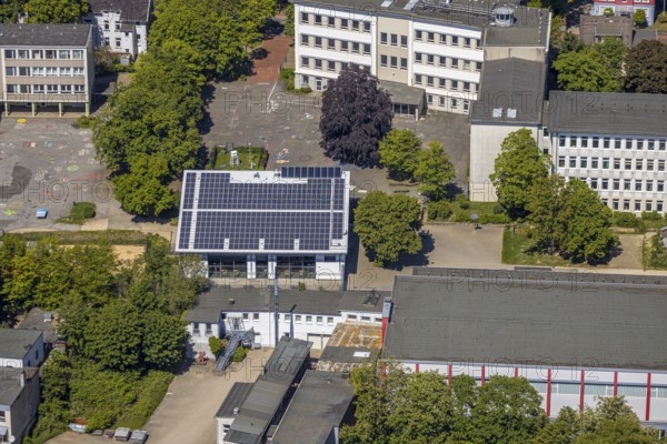Aerial view, Zeppelin-Gymnasium, school hall with solar system, Lüdenscheid, Märkischer Kreis, Sauerland, North Rhine-Westphalia, Germany, education, educational institution, DE, Europe, grammar school, teaching institute, aerial view, aerial photography, aerial photography, photovoltaics, photovoltaic system, school, solar, solar system, solar energy, solar energy, Staberger Straße, overview, bird's-eye view, bird's-eye view, overview