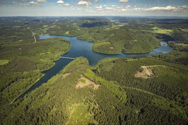 Aerial view, Verse dam, Klamer bridge, dam wall, forest area, Lüdenscheid, Märkischer Kreis, Sauerland, North Rhine-Westphalia, Germany, mountains and valleys, DE, Europe, distant view, hilly landscape, aerial view, aerial photography, aerial photography, dam, overview, verse, bird's-eye view, wind turbines, birds-eyes view, green lung, overview