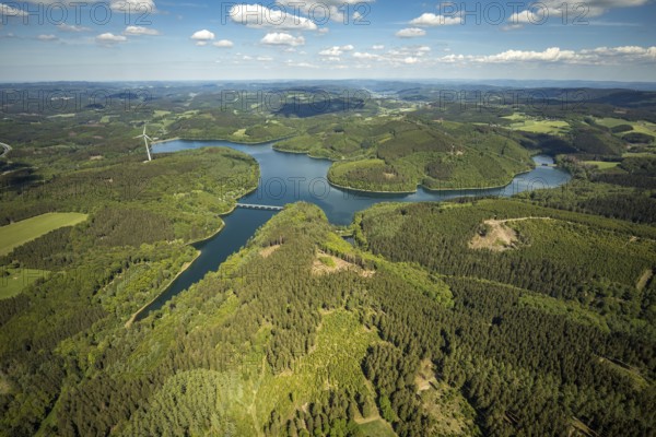 Aerial view, Verse dam, Klamer bridge, dam wall, forest area, Lüdenscheid, Märkischer Kreis, Sauerland, North Rhine-Westphalia, Germany, mountains and valleys, DE, Europe, distant view, hilly landscape, aerial view, aerial photography, aerial photography, dam, overview, verse, bird's-eye view, wind turbines, birds-eyes view, green lung, overview