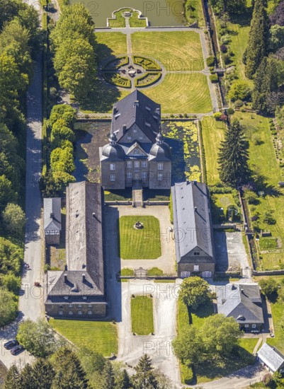 Aerial view, Neuenhof Castle, castle garden, Elspetal, Lüdenscheid, Märkischer Kreis, Sauerland, North Rhine-Westphalia, Germany, architectural monument, castle courtyard, DE, Europe, manor house, manorial building, courtyard complex, aerial photograph, aerial photography, Neuenhofer Straße, castle, castle complex, castle park, overview, bird's-eye view, wooded area, moated castle, moated castle, bird's-eye view, overview