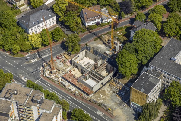 Aerial view, construction site of the new music school Lüdenscheid, Lüdenscheid, Märkischer Kreis, Sauerland, North Rhine-Westphalia, Germany, education, educational institution, DE, Europe, grammar school, teaching institute, aerial view, aerial photography, aerial photography, music school, school, Staberger Straße, overview, bird's-eye view, bird's-eye view, overview