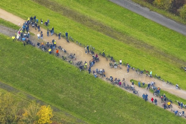 Aerial photo, thousands of spectators watched with great interest as the Gersteinwerk chimney was blown up half an hour late. The 282 metre high RWE chimney fell exactly into the prepared gravel bed. City limits of Werne, Hamm North Rhine-Westphalia, Germany