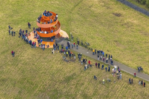 Aerial photo, thousands of spectators watched with great interest as the Gersteinwerk chimney was blown up half an hour late. The 282 metre high RWE chimney fell exactly into the prepared gravel bed. City limits of Werne, Hamm North Rhine-Westphalia, Germany