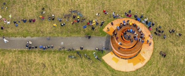 Aerial photo, thousands of spectators watched with great interest as the Gersteinwerk chimney was blown up half an hour late. The 282 metre high RWE chimney fell exactly into the prepared gravel bed. City limits of Werne, Hamm North Rhine-Westphalia, Germany