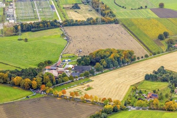 Aerial photo, thousands of spectators watched with great interest as the Gersteinwerk chimney was blown up half an hour late. The 282 metre high RWE chimney fell exactly into the prepared gravel bed. City limits of Werne, Hamm North Rhine-Westphalia, Germany