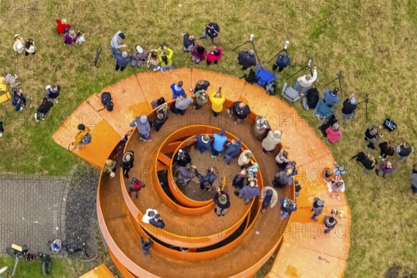 Aerial photo, thousands of spectators watched with great interest as the Gersteinwerk chimney was blown up half an hour late. The 282 metre high RWE chimney fell exactly into the prepared gravel bed. City limits of Werne, Hamm North Rhine-Westphalia, Germany