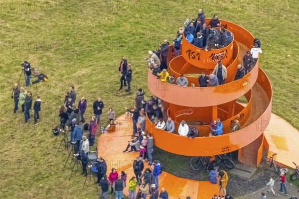 Aerial photo, thousands of spectators watched with great interest as the Gersteinwerk chimney was blown up half an hour late. The 282 metre high RWE chimney fell exactly into the prepared gravel bed. City limits of Werne, Hamm North Rhine-Westphalia, Germany