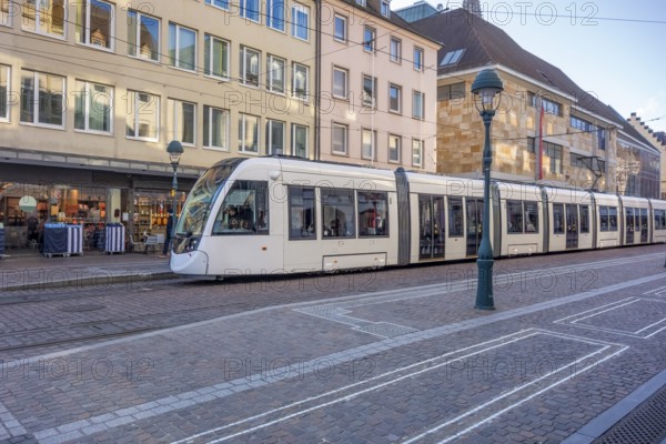 Impression with tram seen in Freiburg im Breisgau, a city in southern Germany at winter time