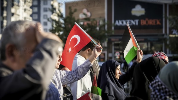 Gaziantep, Türkiye – October 11, 2025: Thousands of Turkish citizens take part in a large demonstration in solidarity with Palestinians in Gaza, following the announcement of a ceasefire, the withdrawal of Israeli forces from the Gaza Strip, and the mutual release of prisoners from both sides, Gaziantep, Türkiye