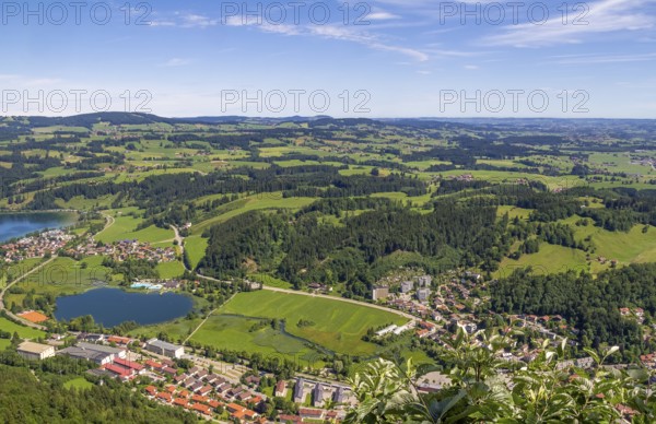 Idyllic aerial view seen from the Immenstaedter Horn around Immenstadt at the Allgaeu region in Swabia, Germany