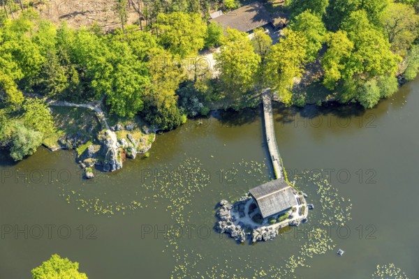 Aerial view, Haus im See, Restaurant Schweizer Häuschen, Biotopwildpark Anholter Schweiz, Isselburg, Lower Rhine, North Rhine-Westphalia, Germany, beer garden, bridge, DE, Europe, inn, gastronomy, aerial view, aerial photography, aerial photography, Pferdehorster Straße, restaurant, lake, overview, bird's eye view, forest, forest area, birds-eyes view, green lung, overview