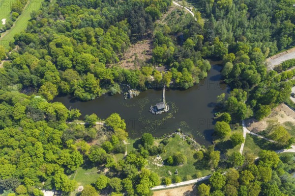 Aerial view, Haus im See, Restaurant Schweizer Häuschen, Biotopwildpark Anholter Schweiz, Isselburg, Lower Rhine, North Rhine-Westphalia, Germany, beer garden, bridge, DE, Europe, inn, gastronomy, aerial view, aerial photography, aerial photography, Pferdehorster Straße, restaurant, lake, overview, bird's eye view, forest, forest area, birds-eyes view, green lung, overview