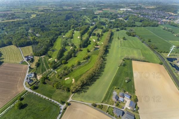 Aerial view, golf course, Golfclub moated castle Anholt e.V. Gut Schlüsen Vehlingen, Isselburg, Lower Rhine, North Rhine-Westphalia, Germany, DE, Europe, golf, golf course, golf club, aerial view, aerial photography, aerial photography, sports, overview, bird's-eye view, forest area, meadows and fields, birds-eyes view, overview