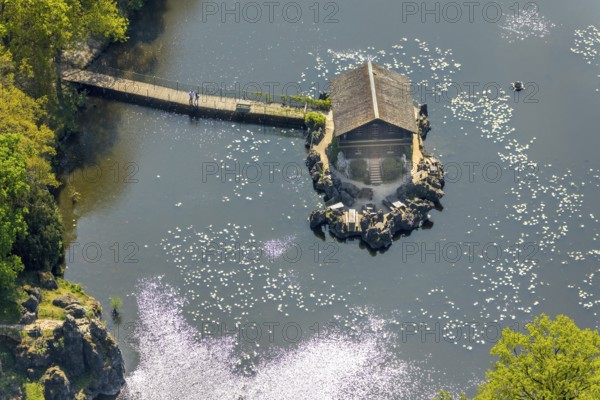 Aerial view, Haus im See, Restaurant Schweizer Häuschen, Biotopwildpark Anholter Schweiz, Isselburg, Lower Rhine, North Rhine-Westphalia, Germany, beer garden, bridge, DE, Europe, inn, gastronomy, aerial view, aerial photography, aerial photography, Pferdehorster Straße, restaurant, lake, overview, bird's eye view, forest, forest area, birds-eyes view, green lung, overview