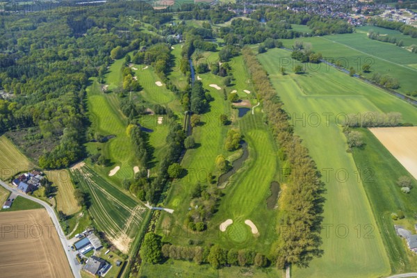 Aerial view, golf course, Golfclub moated castle Anholt e.V. Gut Schlüsen Vehlingen, Isselburg, Lower Rhine, North Rhine-Westphalia, Germany, DE, Europe, golf, golf course, golf club, aerial view, aerial photography, aerial photography, sports, overview, bird's-eye view, forest area, meadows and fields, birds-eyes view, overview