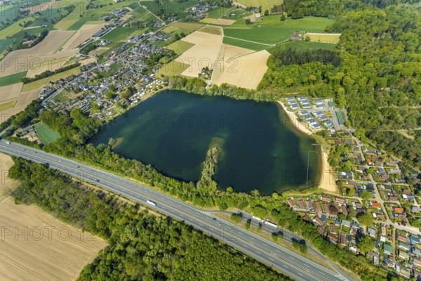 Aerial view, Wolfssee, motorway A3, Vehlingen, Isselburg, Lower Rhine, North Rhine-Westphalia, Germany, DE, Europe, aerial view, aerial photography, aerial photography, lake, overview, bird's eye view, forest area, meadows and fields, birds-eyes view, overview