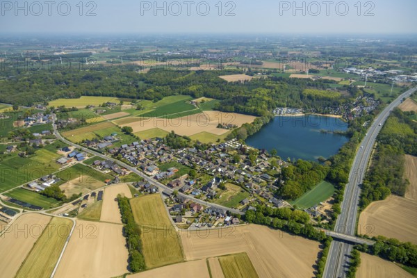 Aerial view, Wolfssee, motorway A3, Vehlingen, Isselburg, Lower Rhine, North Rhine-Westphalia, Germany, DE, Europe, distant view, aerial view, aerial photography, aerial photography, lake, overview, bird's-eye view, forest area, meadows and fields, birds-eyes view, overview