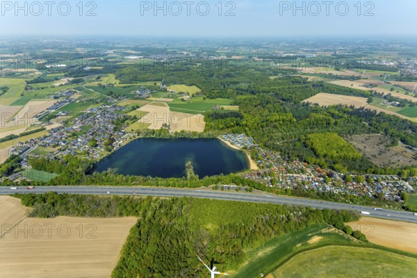 Aerial view, Wolfssee, motorway A3, Vehlingen, Isselburg, Lower Rhine, North Rhine-Westphalia, Germany, DE, Europe, distant view, aerial view, aerial photography, aerial photography, Rees, lake, overview, bird's eye view, forest area, meadows and fields, birds-eyes view, overview