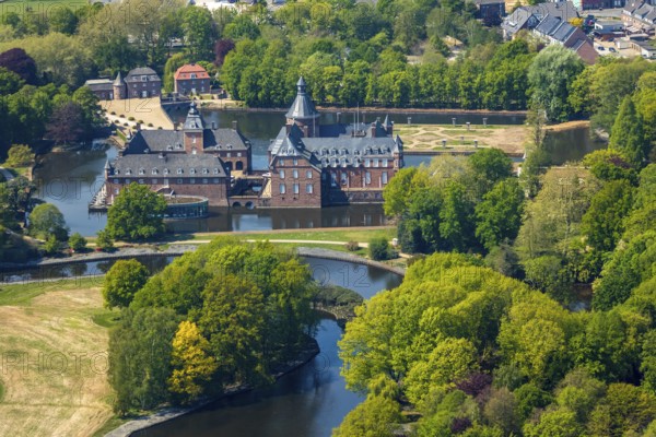 Aerial view, moated castle Anholt, Isselburg, Lower Rhine, North Rhine-Westphalia, Germany, castle, castle courtyard, DE, Europe, river Issel, gastronomy, green trees, courtyard, hotel, aerial view, aerial photography, aerial photography, restaurant water pavilion in the Romantik Parkhotel moated castle Anholt, castle, castle grounds, castle garden, castle park, sight, overview, defence system, bird's-eye view, moat, moated castle, moated castle, bird's-eye view, overview