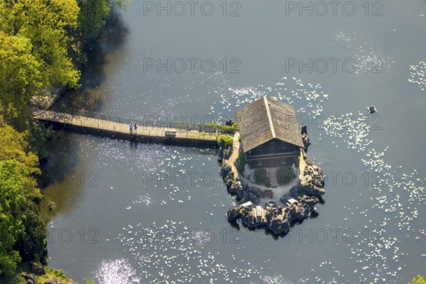 Aerial view, Haus im See, Restaurant Schweizer Häuschen, Biotopwildpark Anholter Schweiz, Isselburg, Lower Rhine, North Rhine-Westphalia, Germany, beer garden, bridge, DE, Europe, inn, gastronomy, aerial view, aerial photography, aerial photography, Pferdehorster Straße, restaurant, lake, overview, bird's eye view, forest, forest area, birds-eyes view, green lung, overview