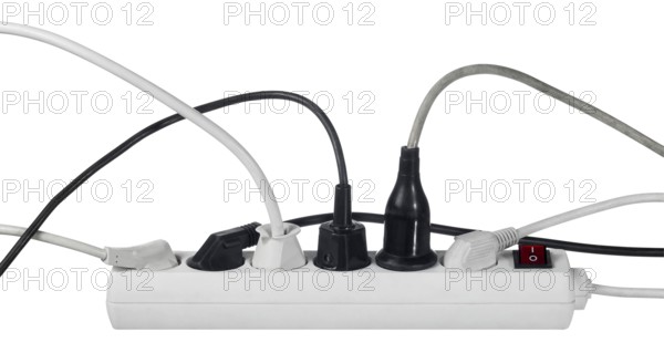 Studio photography of a multiple socket and connected plugs isolated on white with clipping path