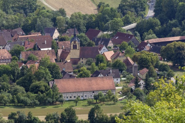 Aerial view showing a village named Baechlingen near Langenburg in Hohenlohe, a area in Southern Germany at late summer time