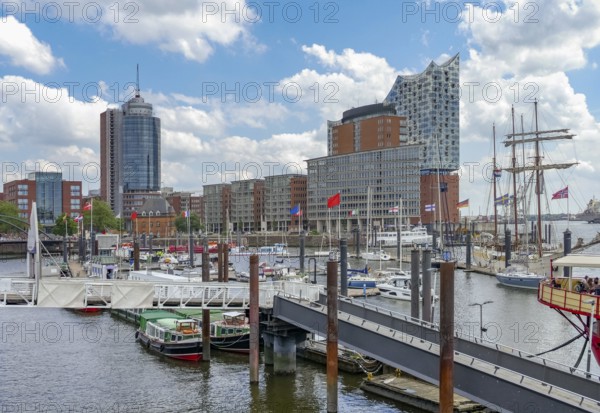Riparian scenery around the Elbphilharminie, a concert hall in Hamburg, Germany
